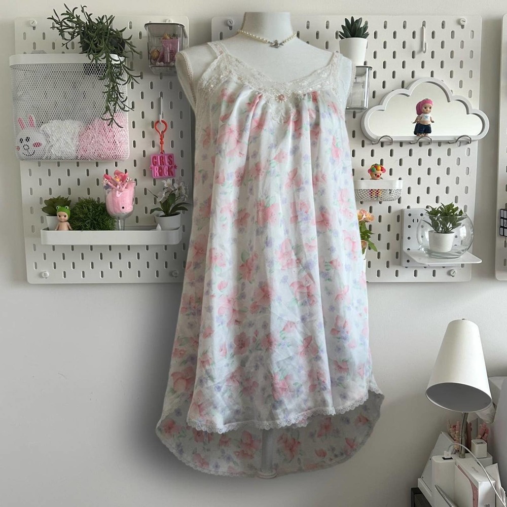 Cute and elegant pink floral coquettes cottage core night gown dress lace